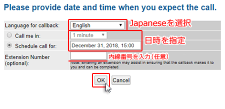 言語・日時を指定し、「OK」をクリック